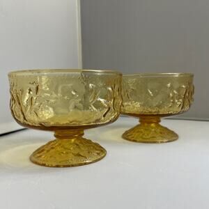Pair Vintage Anchor Hocking Milano Honey‎ Gold Glasses for Champagne, Dessert